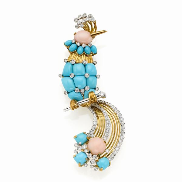 Spilla in oro con diamanti, turchesi, corallo  - Asta GIOIELLI OROLOGI E LUXURY GOODS - Faraone Casa d'Aste