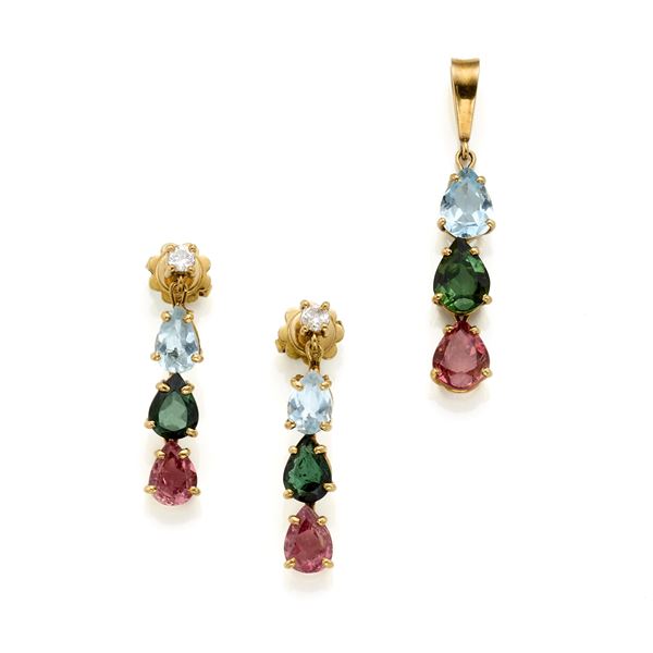 Lot consisting of earrings and pendant in gold with diamonds and quartz