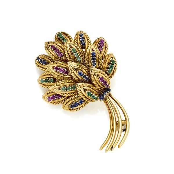 Gold brooch with rubies, emeralds and sapphires  - Auction GIOIELLI, OROLOGI E LUXURY GOODS - Faraone Casa d'Aste