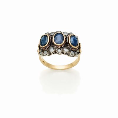 Anello in Oro e Argento con Diamanti e Zaffiri