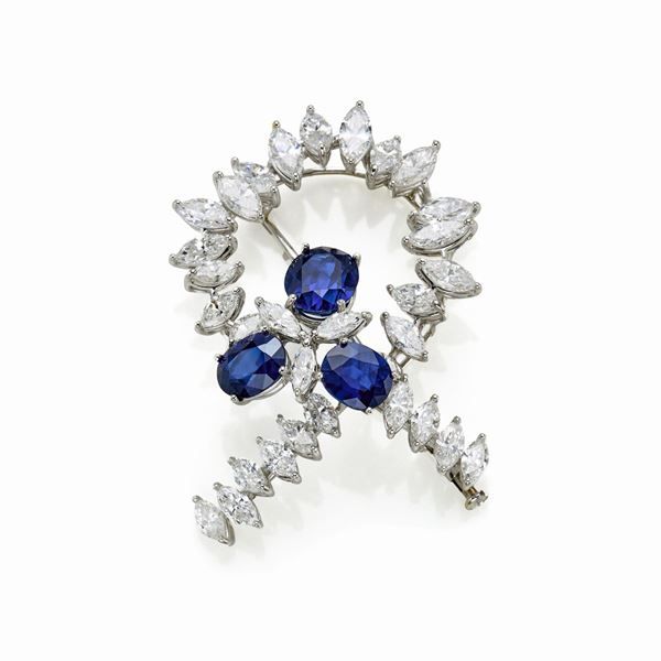 Platinum brooch with sapphires and diamonds