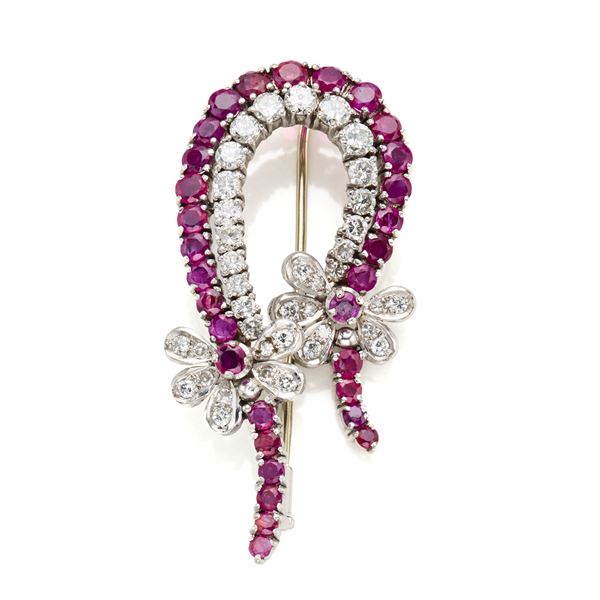 Platinum brooch with rubies and diamonds