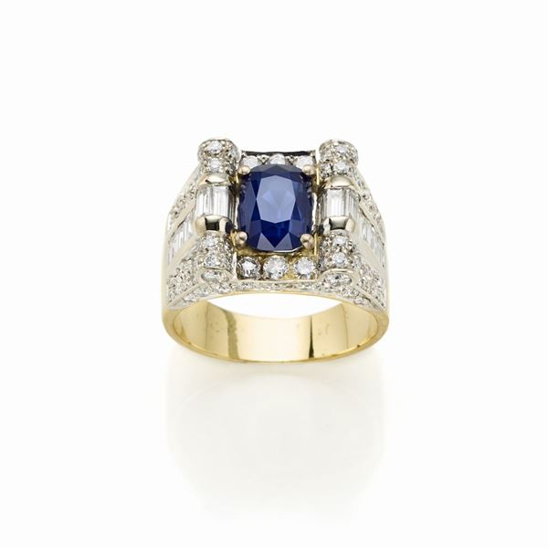 Gold ring with sapphire and diamonds