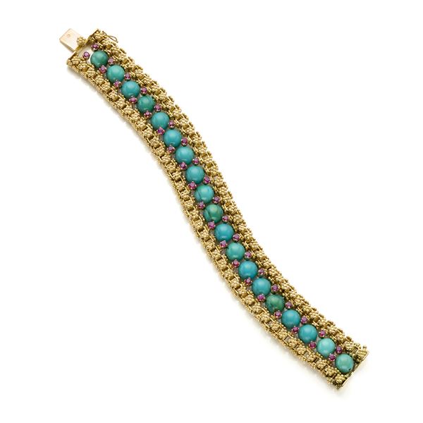 Yellow gold Van Cleef & Arpels bracelet with rubies and turquoise