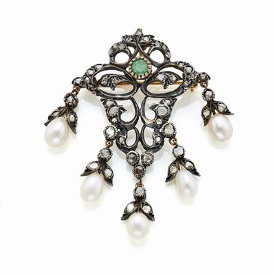 Spilla con Perle Diamanti e Smeraldo
