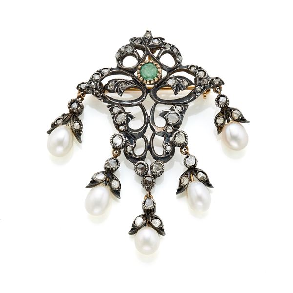 Diamond and emerald pearl brooch