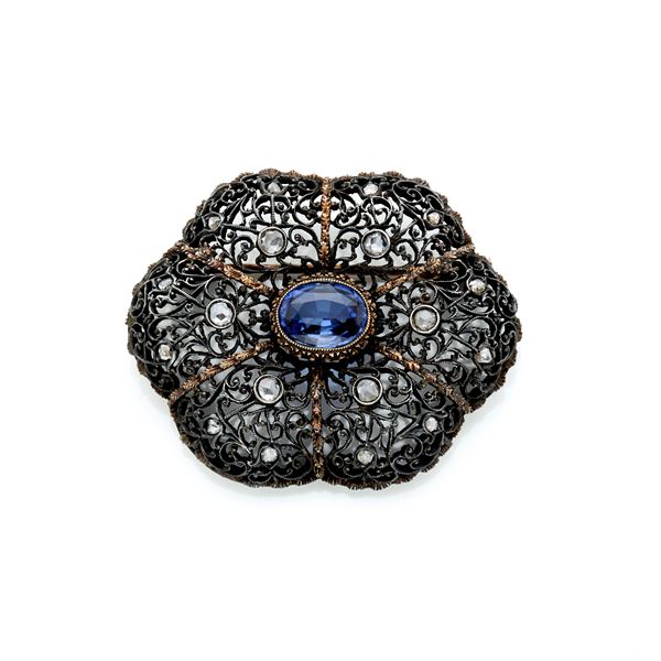 Silver and red gold diamonds and sapphire brooch