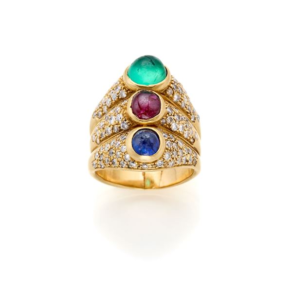 Gold ring with diamonds, ruby, emerald and sapphire cabochon