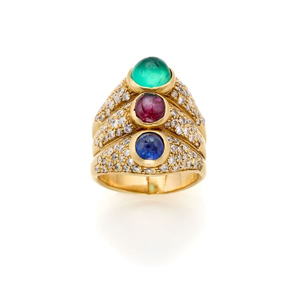Anello in oro con diamanti rubino smeraldo e zaffiro cabochon   - Asta GIOIELLI, OROLOGI E ARGENTI - Faraone Casa d'Aste