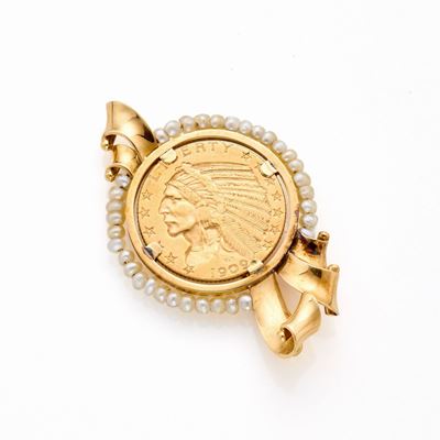 Spilla in Oro con Moneta e Perle