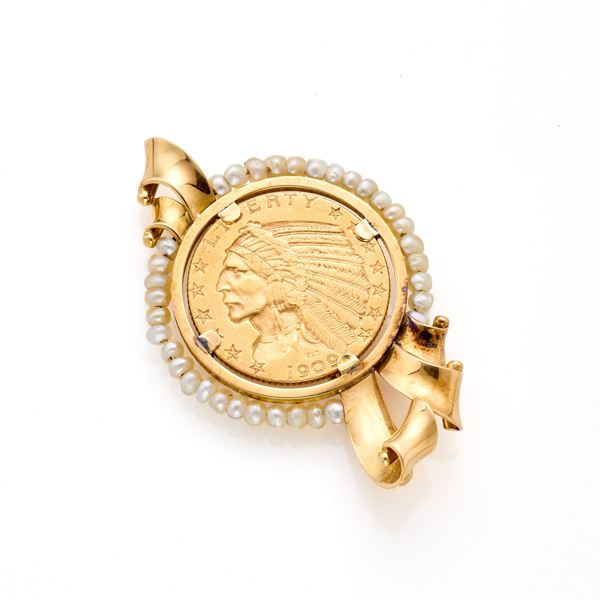 Spilla in oro con moneta e perle  - Asta GIOIELLI, OROLOGI E ARGENTI - Faraone Casa d'Aste