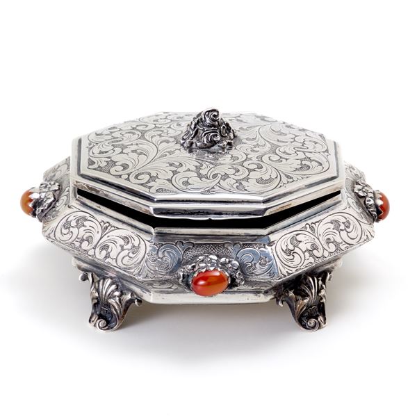 Silver box with cabochon gemstones (defects)