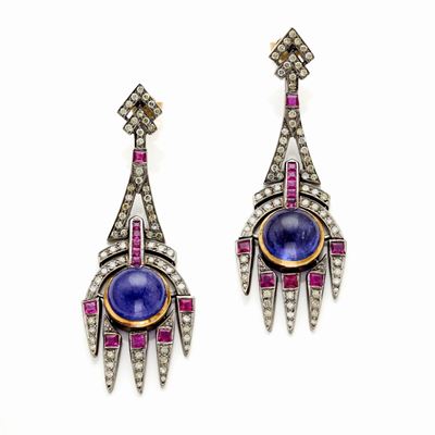 Orecchini in Argento con Tanzaniti Diamanti e Rubini