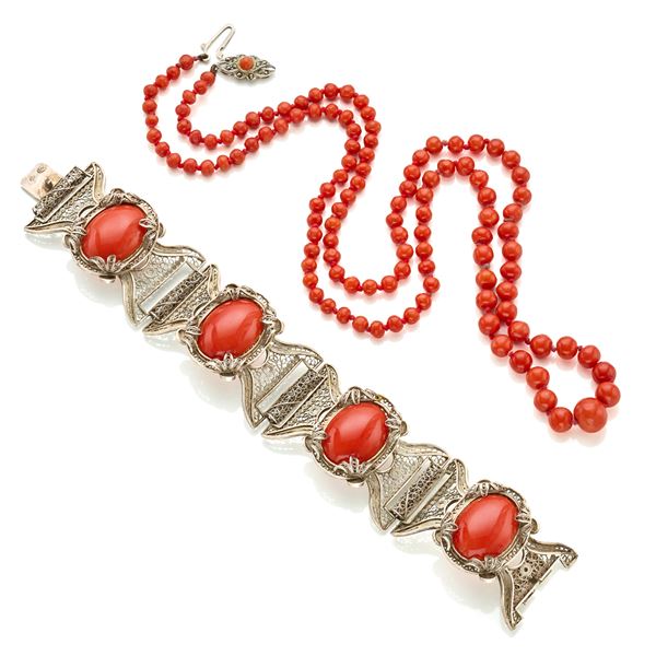 Silver and coral bracelet and necklace