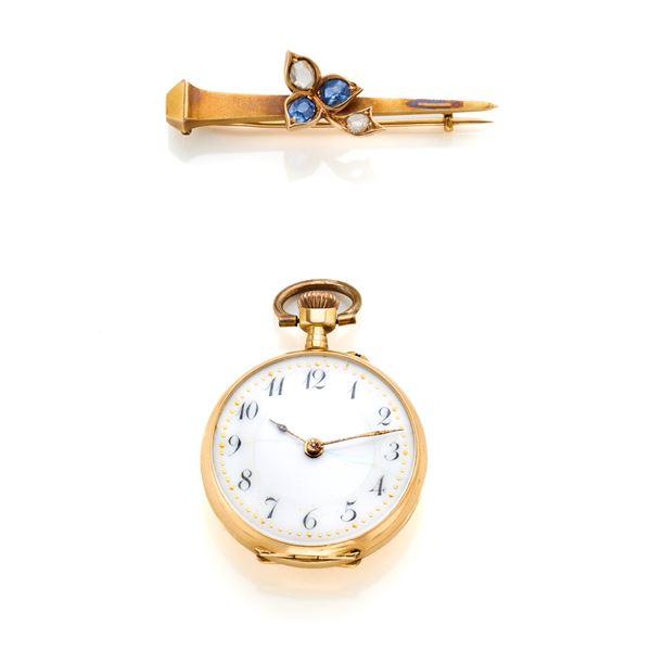 Gold pocket watch and brooch