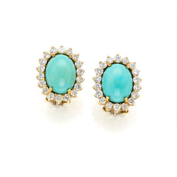 Gold earrings with turquoise and diamonds