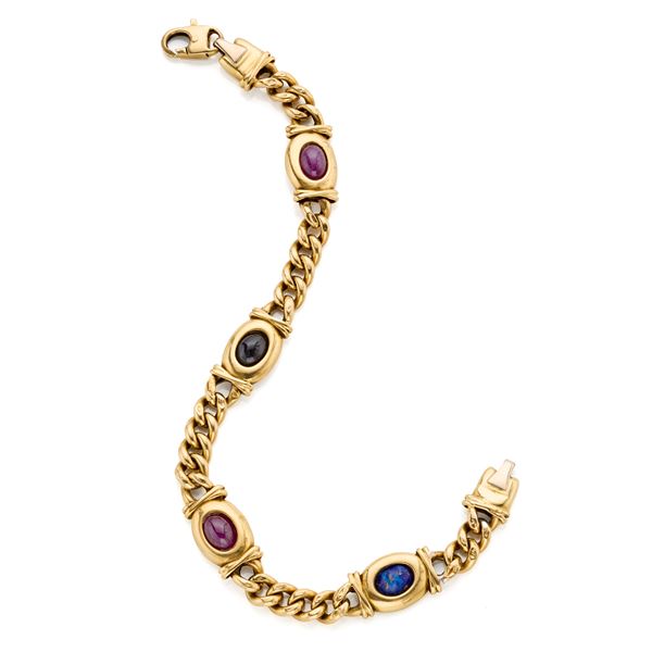 Gold bracelet with rubies, sapphire and vitreous paste