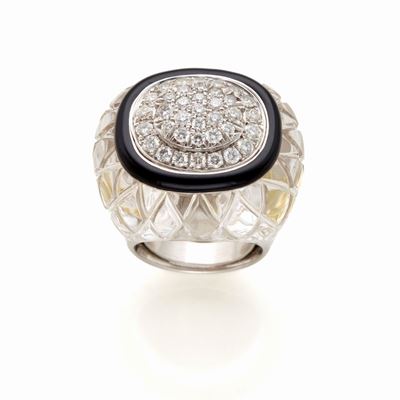 Anello Webb in Oro e Platino con Smalto, Diamanti e Cristallo di Rocca