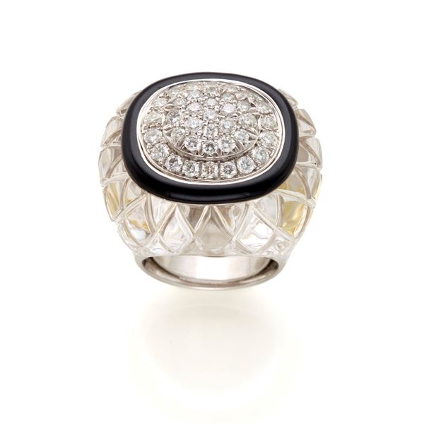 Webb gold and platinum ring with enamel, diamonds and rock crystal