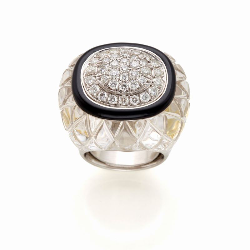 Anello Webb in Oro e Platino con Smalto, Diamanti e Cristallo di Rocca