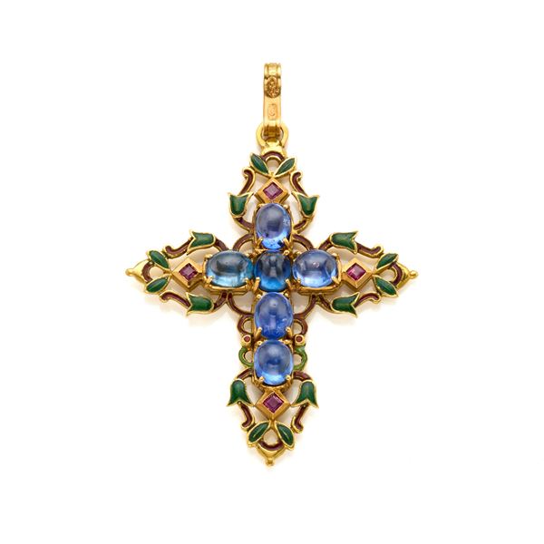 Gold cross with enamel, sapphires and rubies