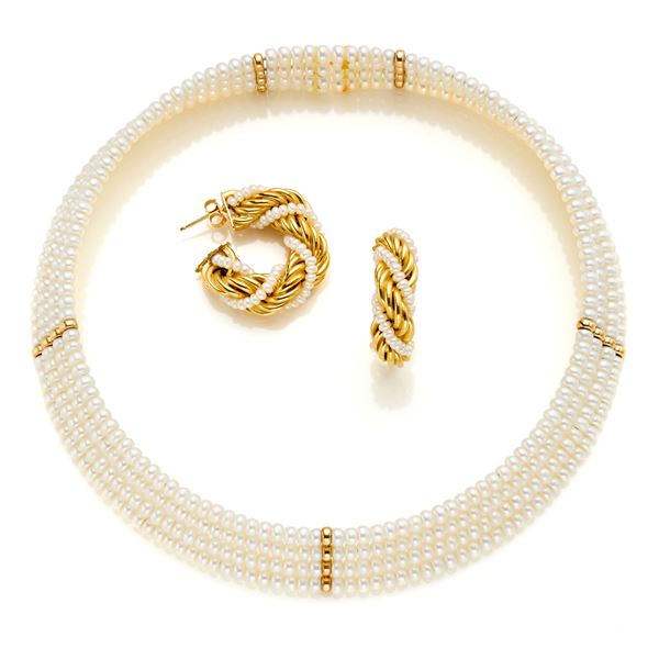 Gold and pearl necklace and earrings