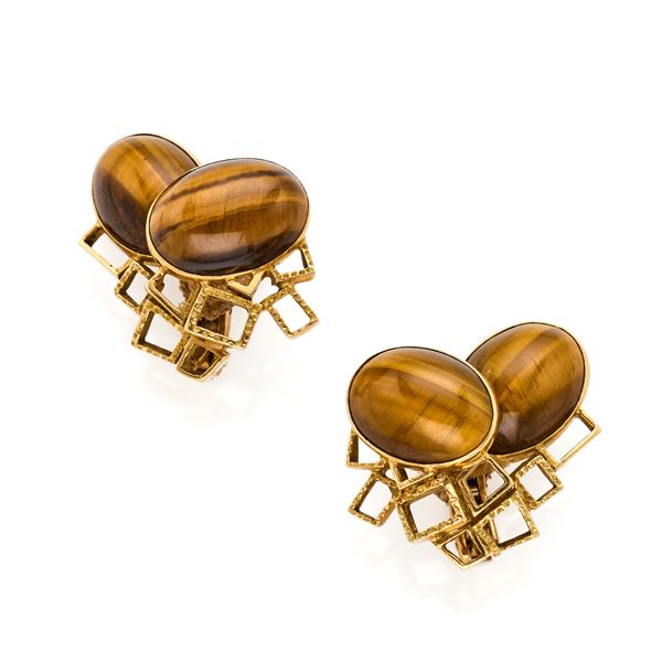 Gold and tiger eye earrings  - Auction GIOIELLI OROLOGI E LUXURY GOODS - Faraone Casa d'Aste