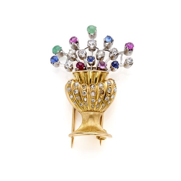 Gold brooch with diamonds, rubies, emeralds and sapphires  - Auction GIOIELLI OROLOGI E LUXURY GOODS - Faraone Casa d'Aste