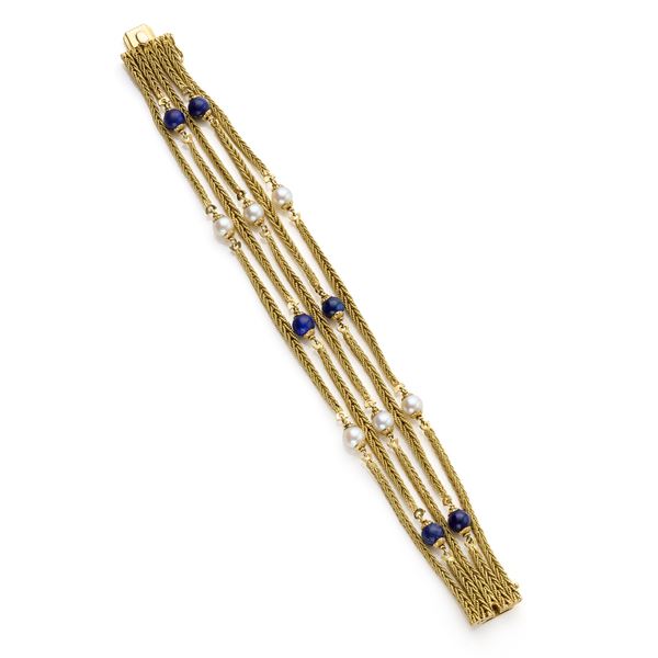 Gold bracelet with lapis lazuli and pearls