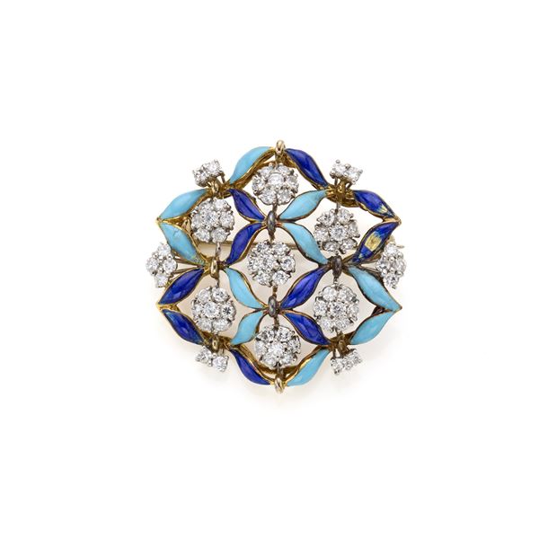 Gold brooch with enamel and diamonds