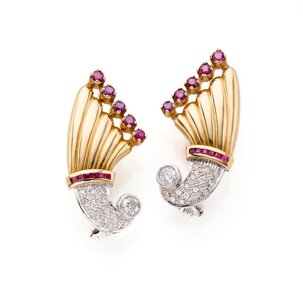 Gold earrings with diamonds and rubies