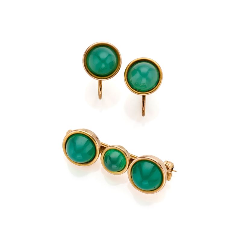 Spilla e orecchini in oro e quarzi