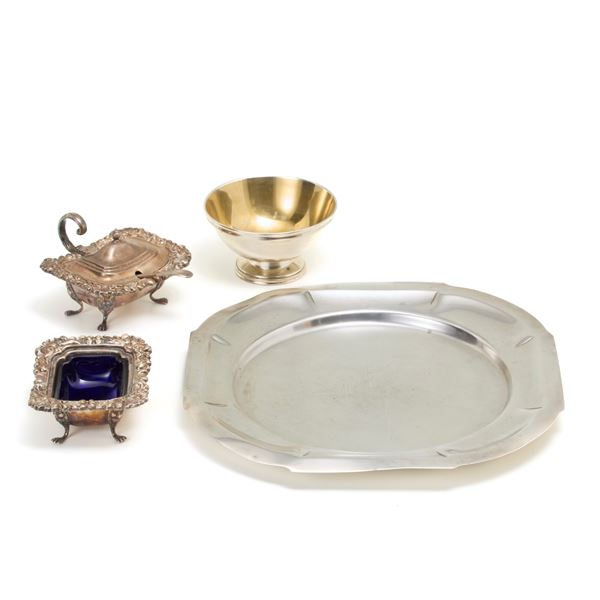 Silver tray and cups and two salt cellars