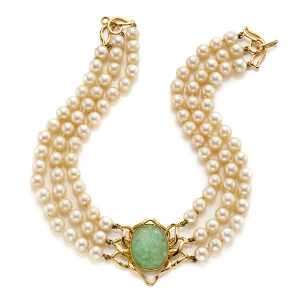 Gold choker with three strands of pearls  - Auction GIOIELLI OROLOGI E LUXURY GOODS - Faraone Casa d'Aste