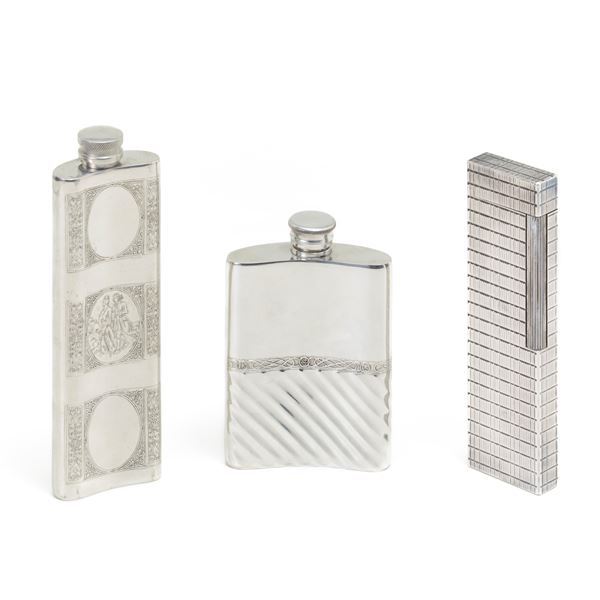Dupont lighter and two pewter flasks