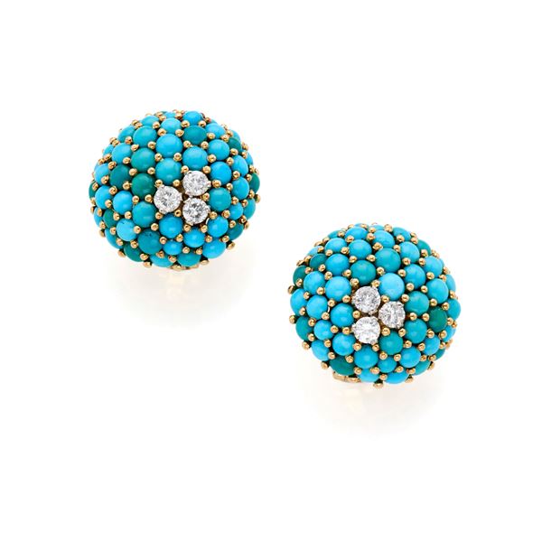 Gold earrings with diamonds and turquoise   - Auction GIOIELLI OROLOGI E LUXURY GOODS - Faraone Casa d'Aste