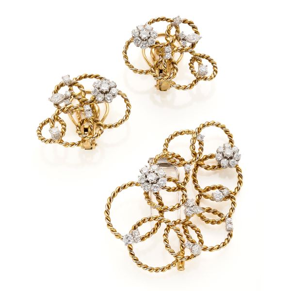 Gold and diamond brooch and earrings 