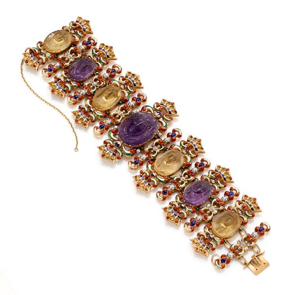 Gold bracelet with enamels, quartz and amethysts