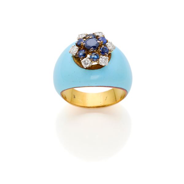 Gold ring with diamonds and sapphires