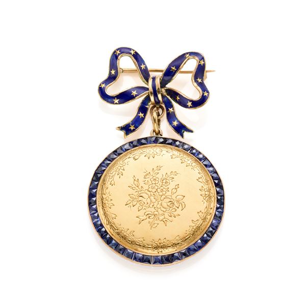 Spilla a fiocco con pendente portafoto in oro  - Asta GIOIELLI, OROLOGI E LUXURY GOODS - Faraone Casa d'Aste
