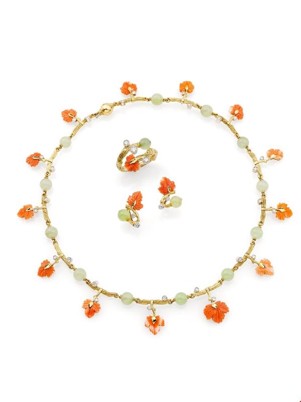 Gold, diamonds, coral and jade demi parure