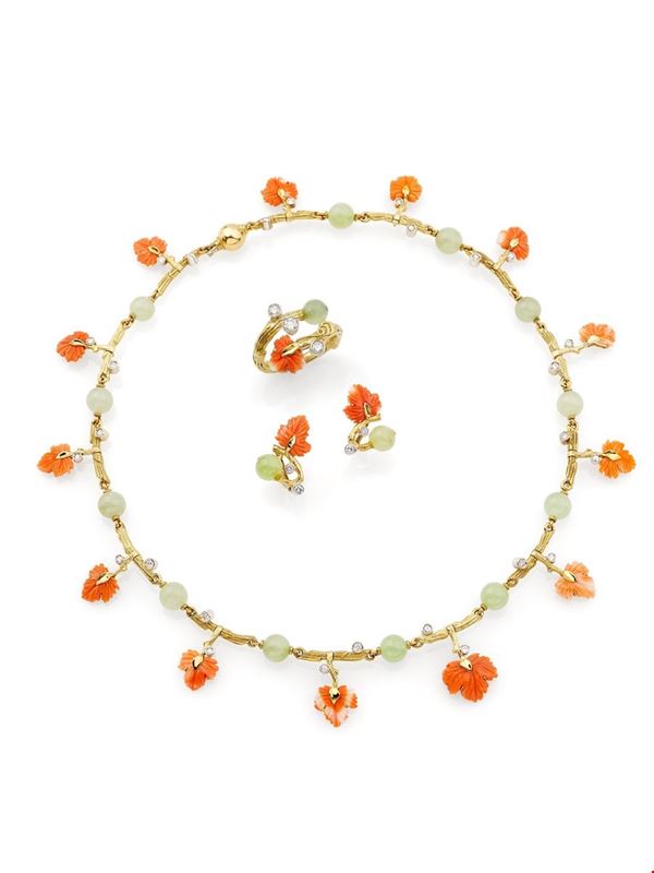 Demi parure in oro, diamanti, corallo e giada