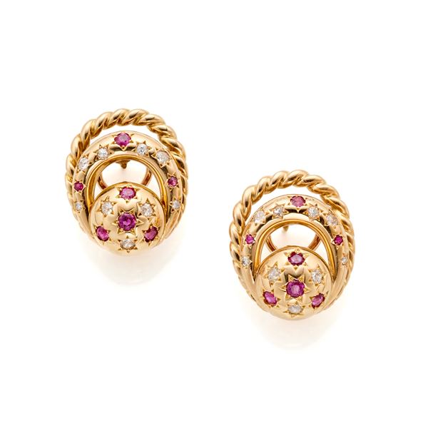 Gold earrings with diamonds and rubies