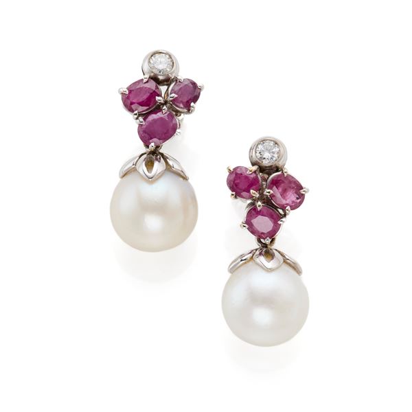 Gold earrings with pearls, diamonds and rubies