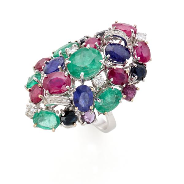 Gold ring with emeralds, rubies, sapphires and emeralds  - Auction GIOIELLI OROLOGI E LUXURY GOODS - Faraone Casa d'Aste