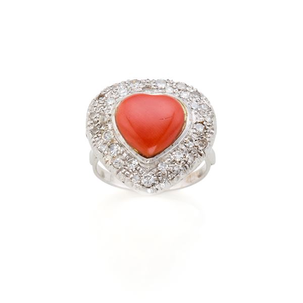 Gold ring with coral and diamonds