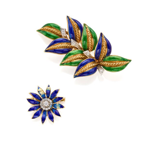 Lot of two gold brooches set with diamonds and enamel