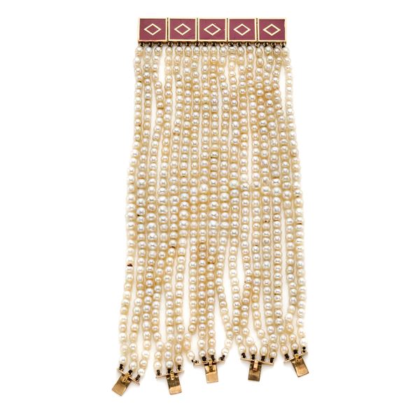 Bracciale in perle con chiusura in oro e smalti   - Asta GIOIELLI, OROLOGI E LUXURY GOODS - Faraone Casa d'Aste
