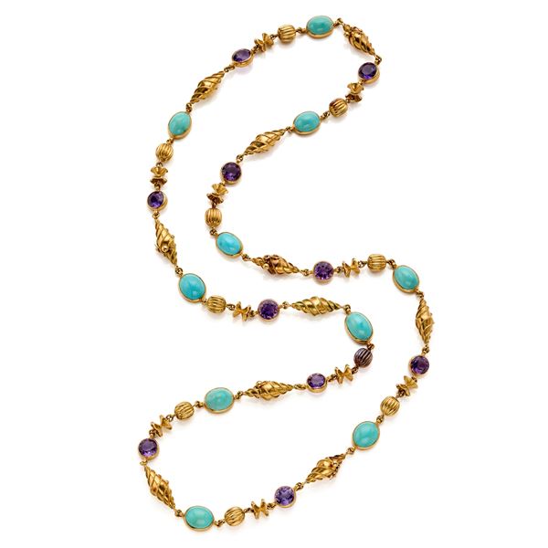 Five gold Marchak necklace bracelets with turquoises and amethysts 