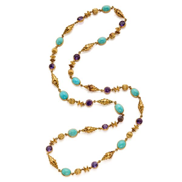 Cinque bracciali unibili a collana Marchak in oro con turchesi e ametiste 